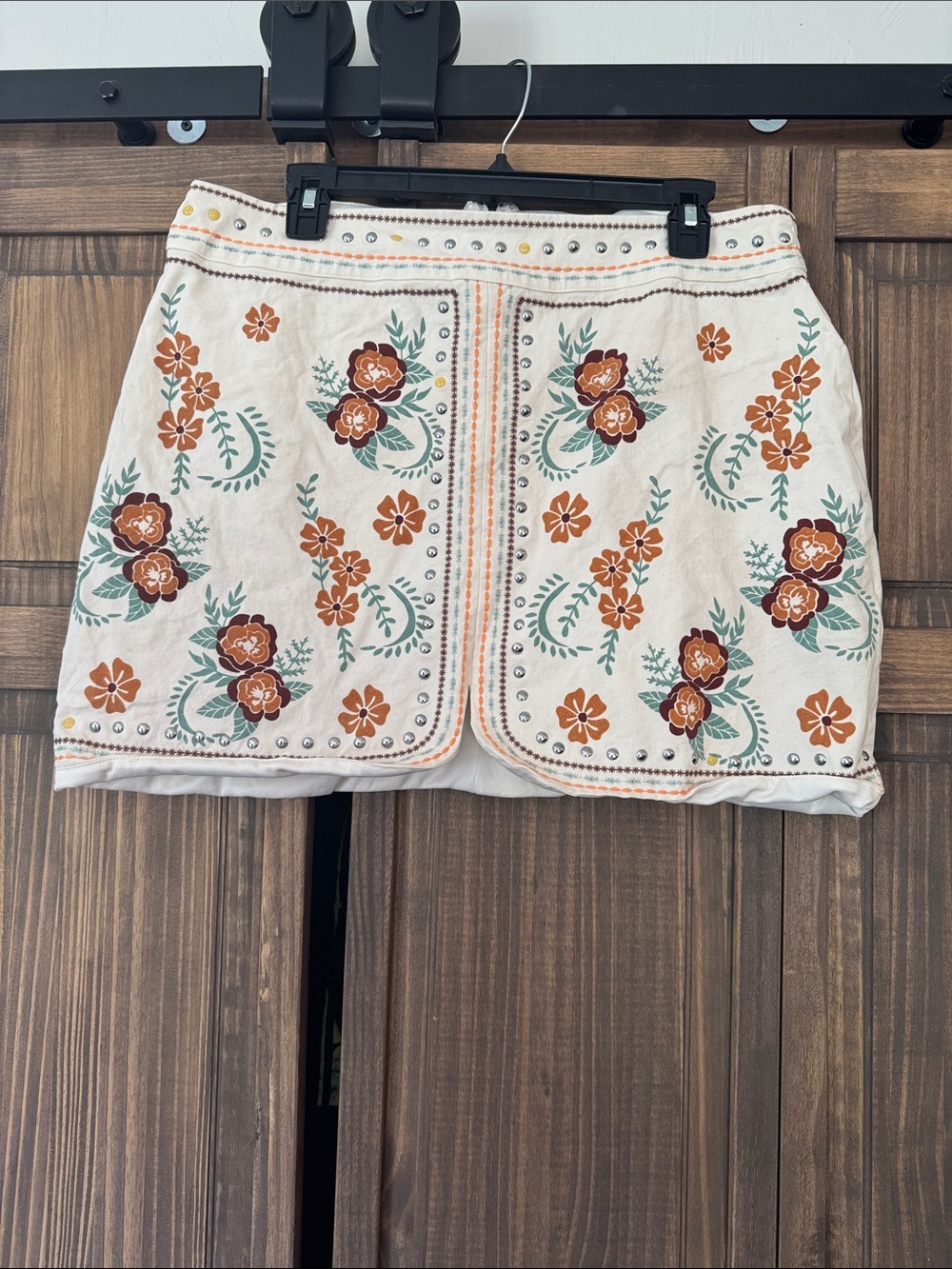 Rock & Roll Denim Embroidered Floral White Cotton Mini Skirt